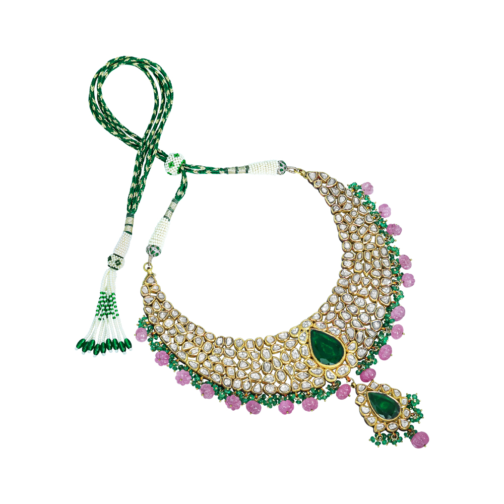 Polki Diamond Necklace Set with Green Stone and Pink Beads